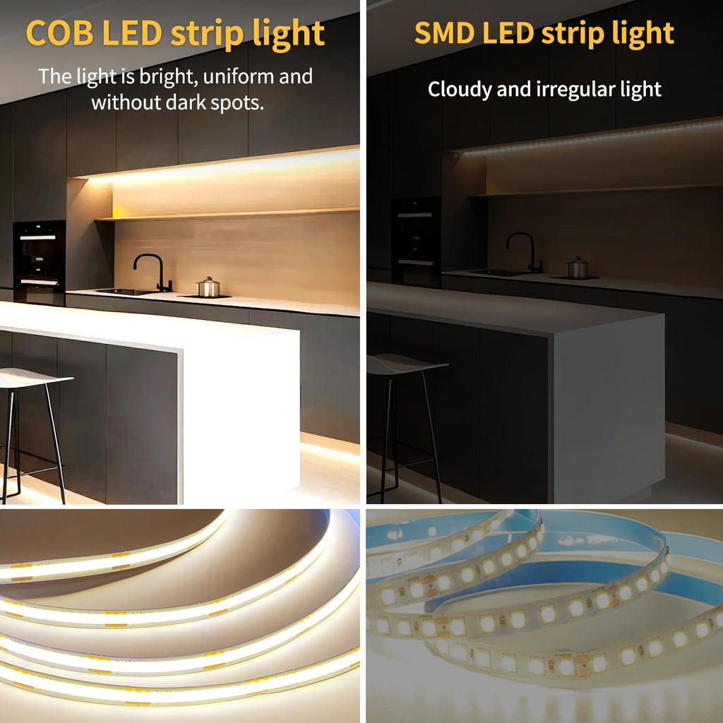 Yeewhale 50FT COB LED Strip Lights 3000K Warm White Dimmable DC 24V Flexible LED Tape Light for Bedroom, with Remote and App Control LED Light Strip,for DIY Home Decoration