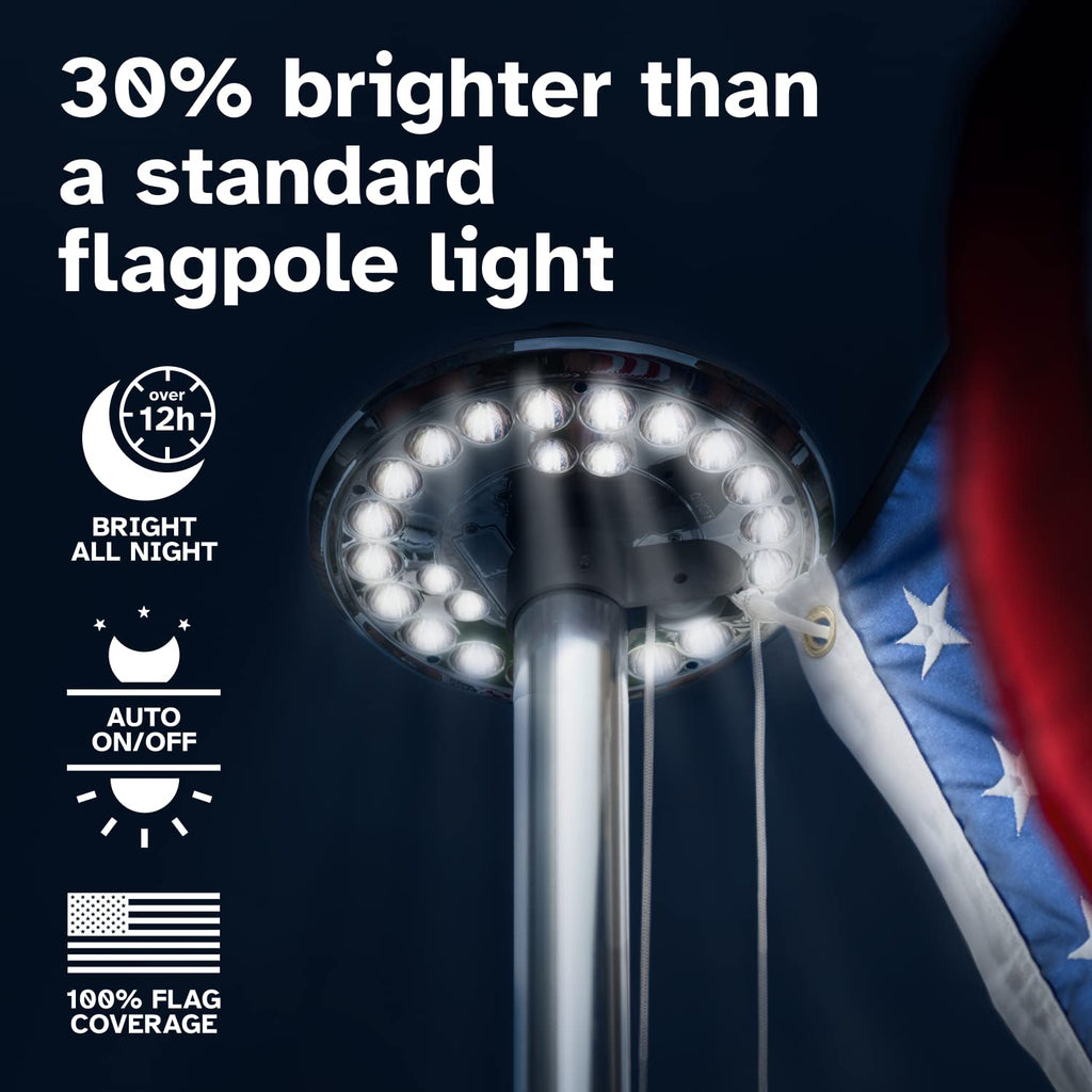 Deneve Deluxe Solar Powered Flagpole Light – Dusk to Dawn 12+ Hours, 26 LED, 1300 Lumen Outdoor Lighting for American Flag, Waterproof, Garden Decor, House Decor, 100% Coverage Silver Model