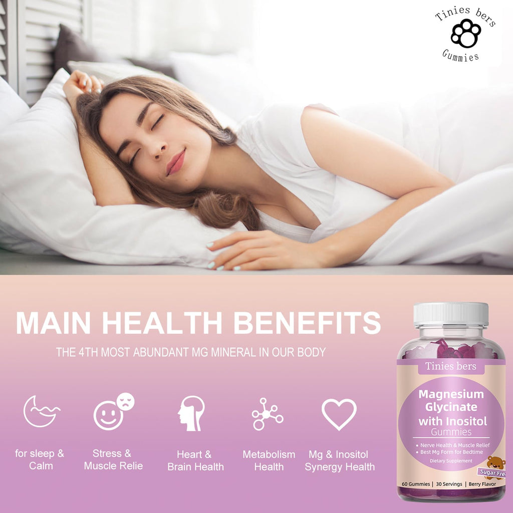Magnesium Glycinate Gummies 400mg, w/Inositol 500mg for Women, Mineral & VIT B8 for Sleep, Stress & Muscle Relief, Metabolism Health, Sugar Free, No Melatonin, Gluten Free, Non GMO, Vegan, Pectin, 60