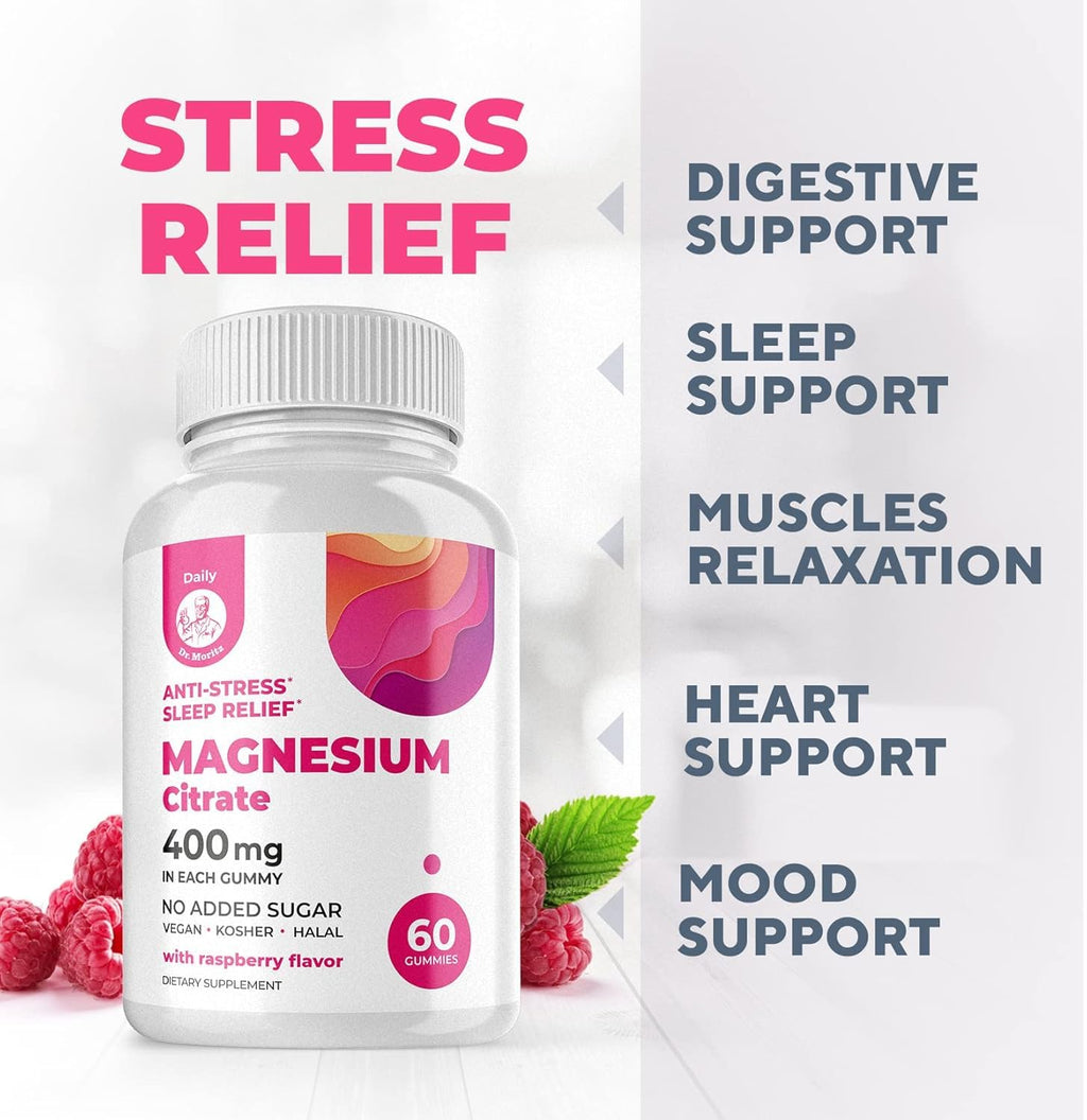 DR. MORITZ Magnesium Citrate Gummies Sugar-Free - Calm Magnesium Gummies Supplement for Children, Sugar -Supports Cardiovascular Health -Free Chews for Kids & Adults (60 Count)