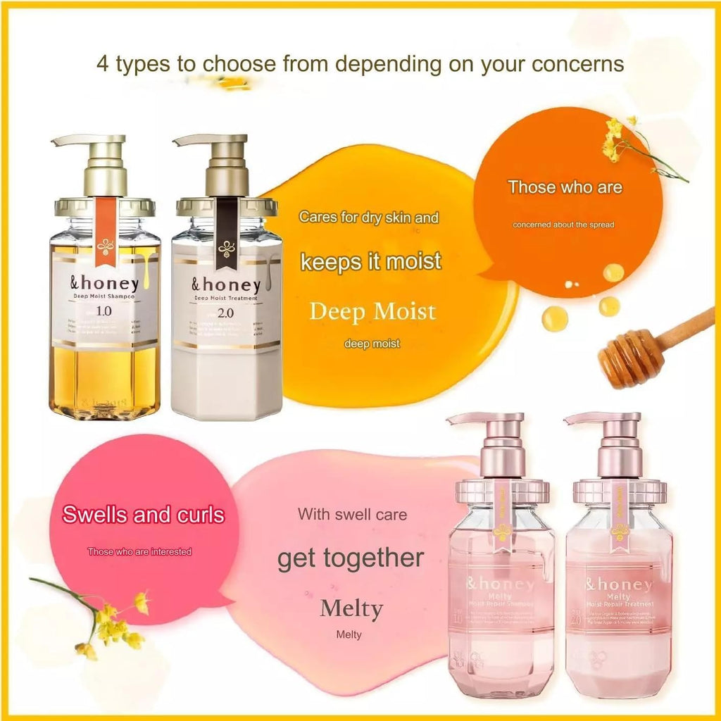 &honey Deep Moist 3 items Set (Shampoo step 1.0 440ml ,Treatment step 2.0 440ml ,Hair Oil step 3.0 100ml) for Frizzy, Dry, Curly Hair. Product of Japan.