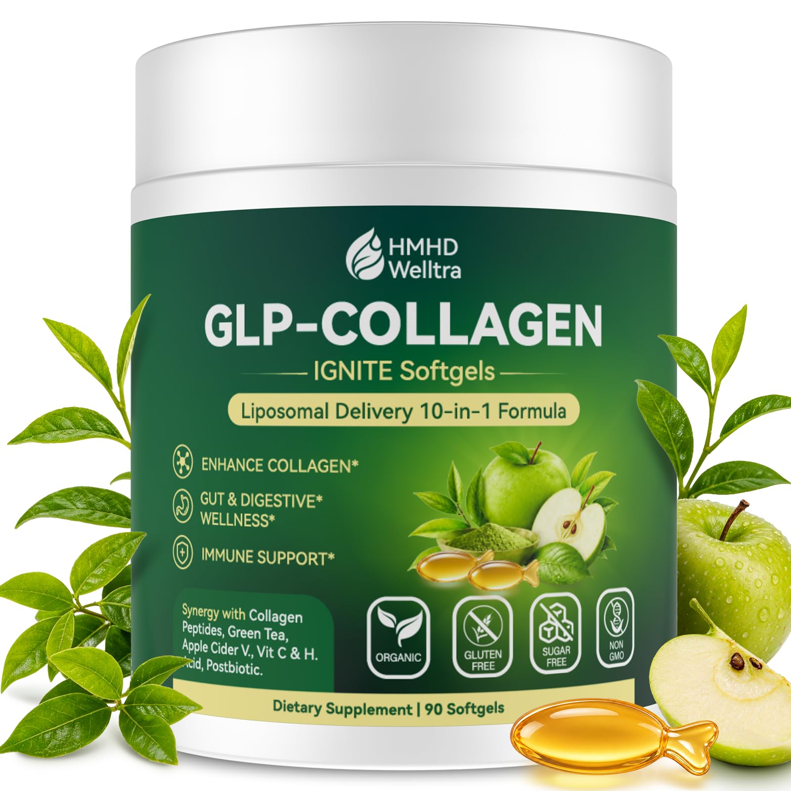 Collagen Softgels for Women Metabolism & Beauty, GLP Friendly 10-in-1 Multi Collagen Trim & Glow w. Hyaluronic Acid Biotin Green Tea & ACV, Hydrolyzed Multi Collagen Burn for Gut Skin & Hair -Colageno