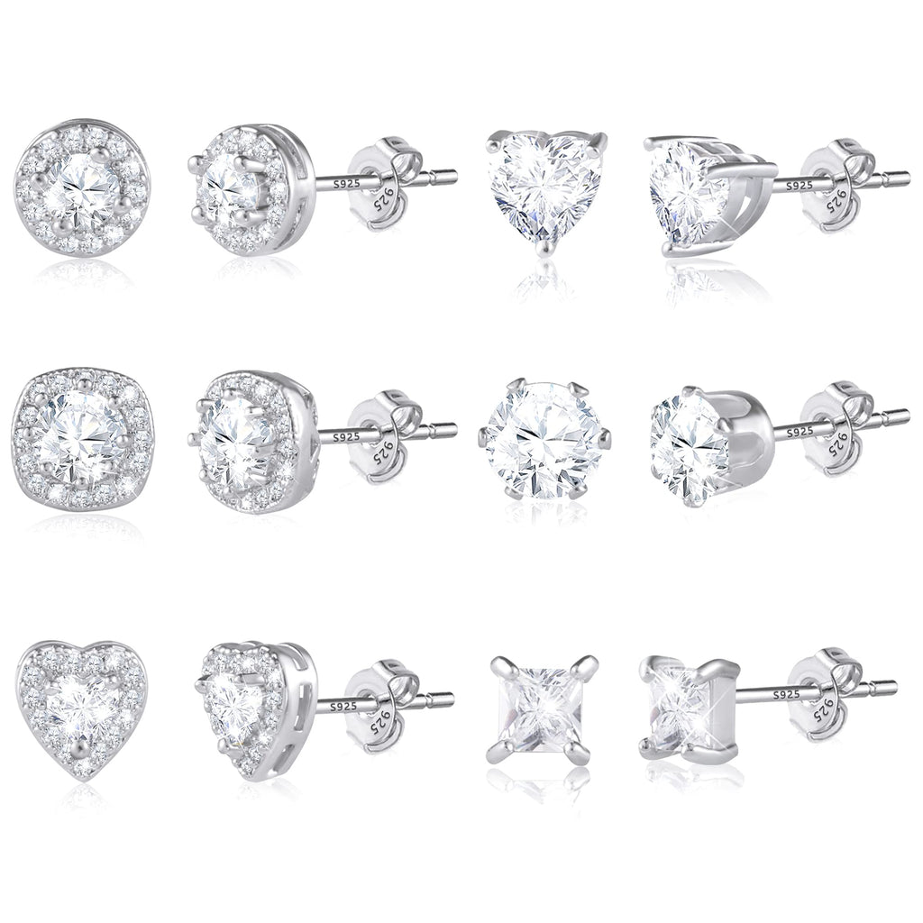 ALEXCRAFT Silver Stud Earrings for Women, Sterling Silver Cubic Zirconia Halo Stud Earrings Set Round Heart Square Diamond Studs Valentines Earrings Pack, 6 Pairs