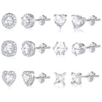 ALEXCRAFT Silver Stud Earrings for Women, Sterling Silver Cubic Zirconia Halo Stud Earrings Set Round Heart Square Diamond Studs Valentines Earrings Pack, 6 Pairs
