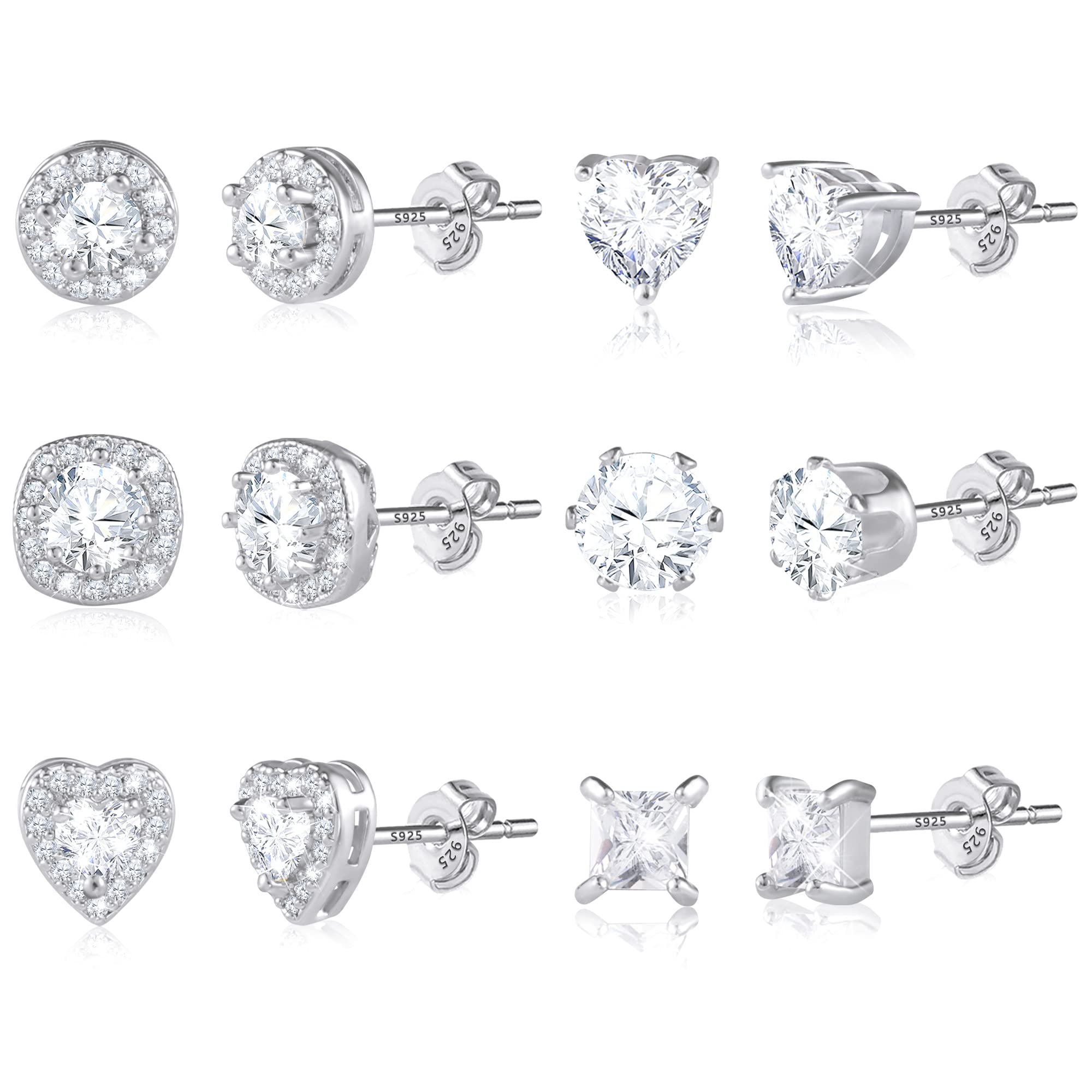 ALEXCRAFT Silver Stud Earrings for Women, Sterling Silver Cubic Zirconia Halo Stud Earrings Set Round Heart Square Diamond Studs Valentines Earrings Pack, 6 Pairs