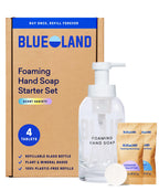 BLUELAND Hand Soap Starter Set, 1 Refillable Glass Foaming Hand Soap Dispenser with 4 Refill Tablets, Variety Scents, 4 x 9 Fl oz