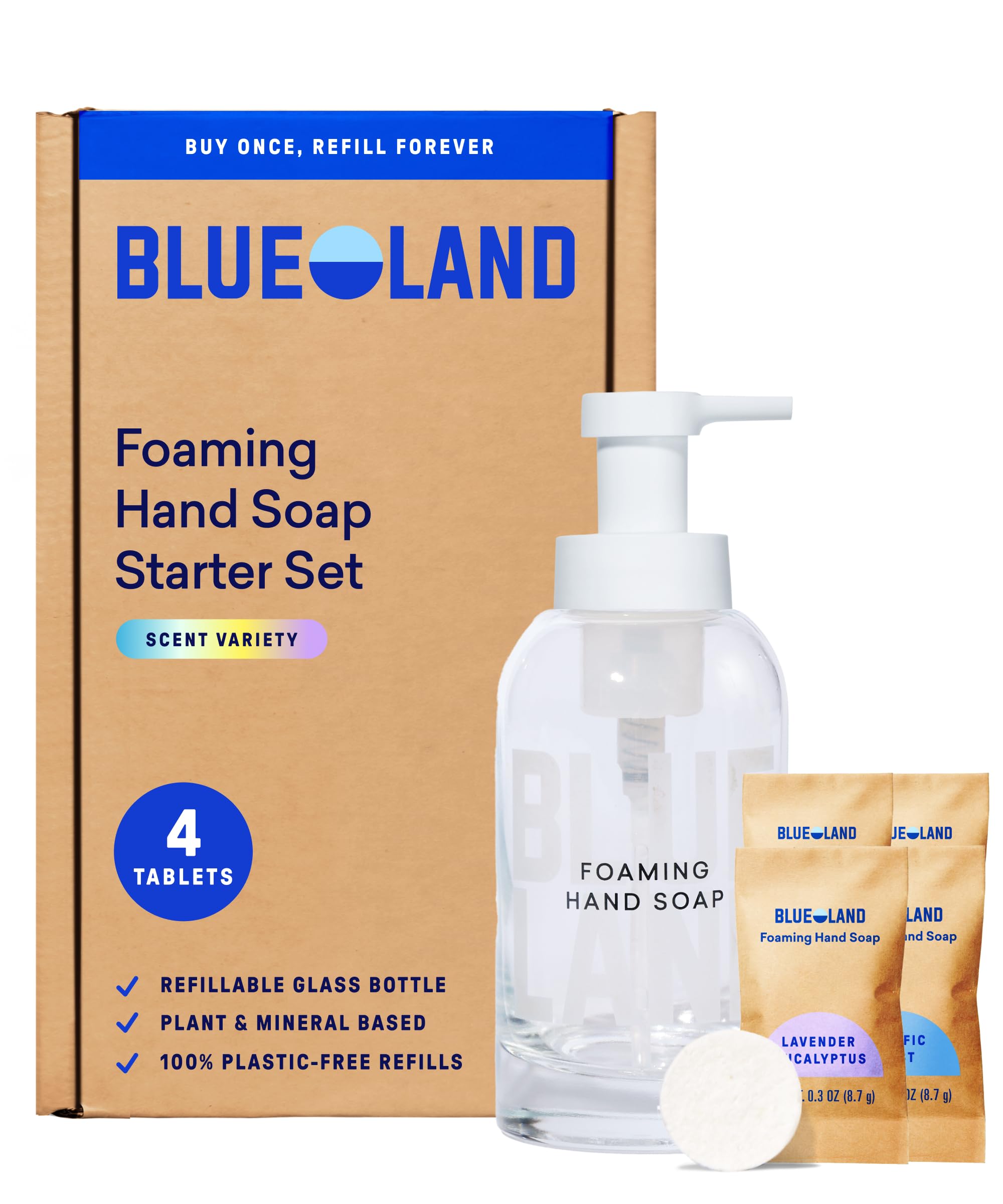 BLUELAND Hand Soap Starter Set, 1 Refillable Glass Foaming Hand Soap Dispenser with 4 Refill Tablets, Variety Scents, 4 x 9 Fl oz