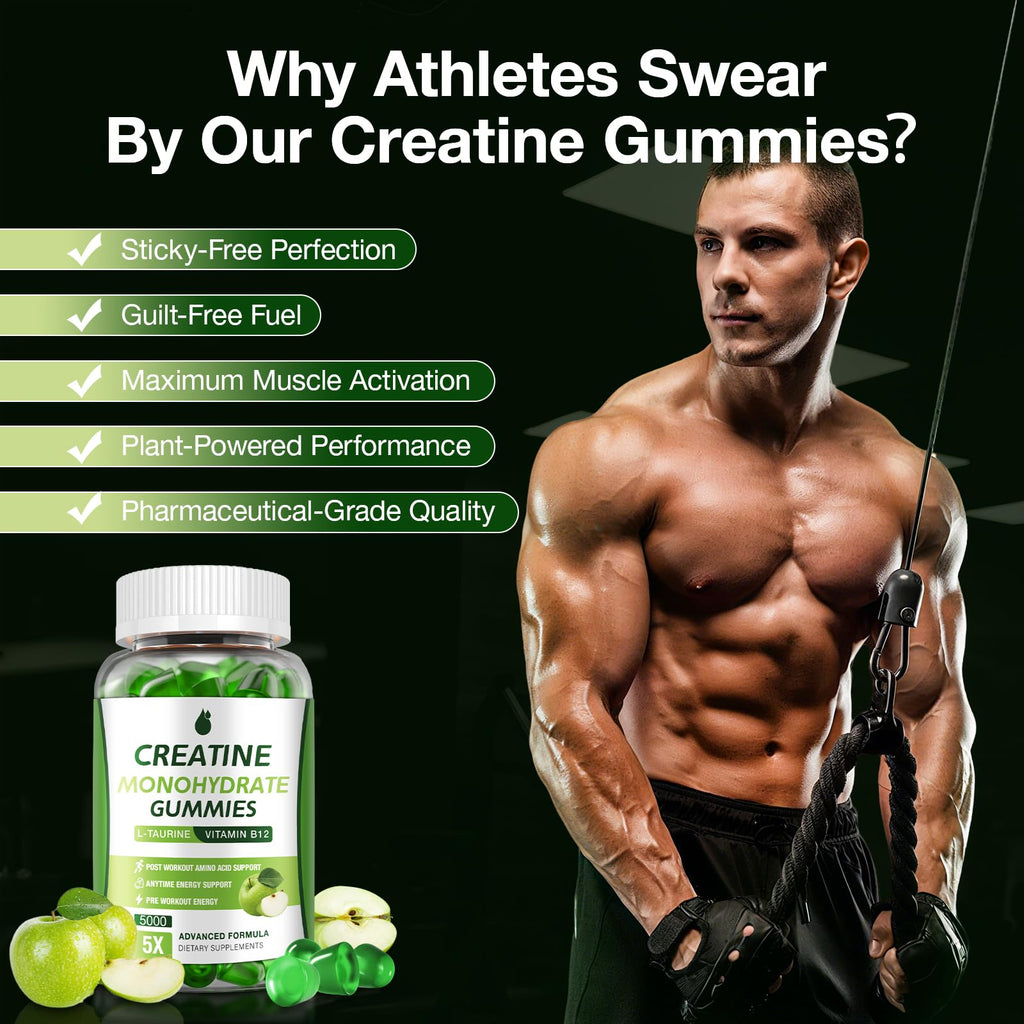 Creatine Gummies for Men & Women - Creatine Monohydrate Gummies 5g, Low Sugar Creatine Supplement for Muscle Builder, Energy Boost & Pre-Workout Supplement, Green Apple Flavor, 160 Gummies (2 Bottles)