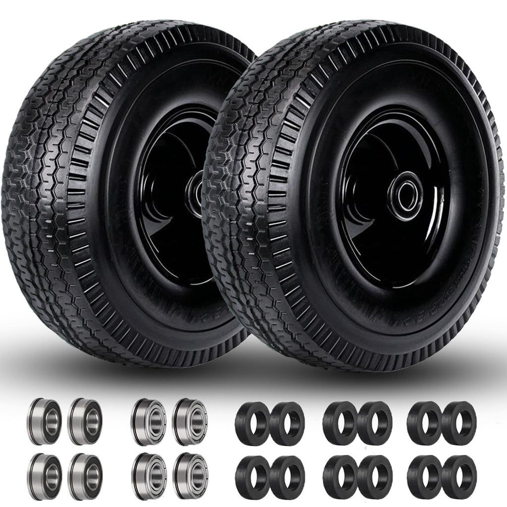 4.10/3.50-4" Tire and Wheel, 10" Solid Tire, 5/8" Bearing with 3/4" & 1/2" Extra Bearings, 4.10/3.50-4 Flat Free Wheels, 2.2" Offset Hub for Hand Truck Garden Wagon Cart Trolley Dolly - 2 Pack