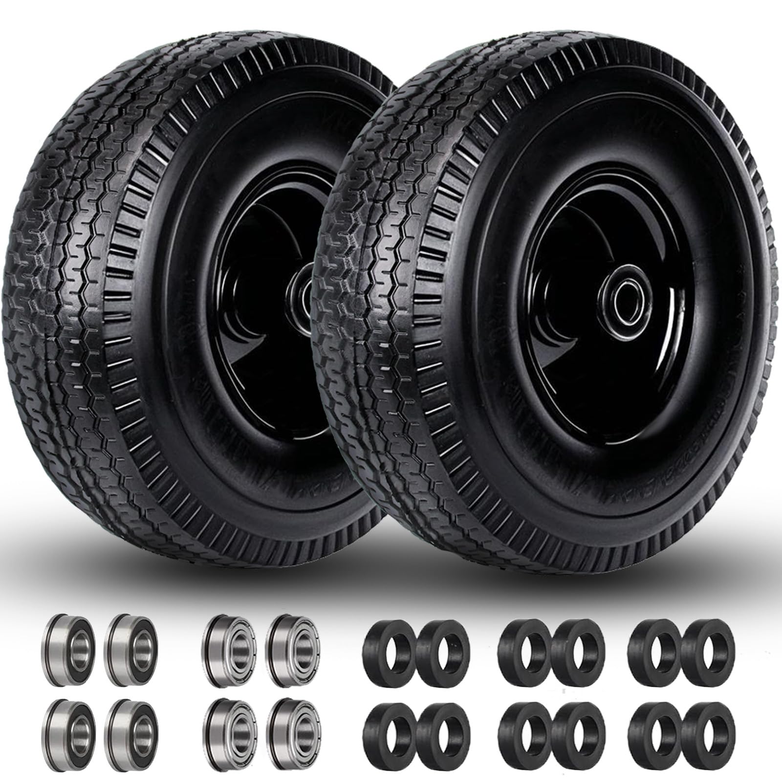 4.10/3.50-4" Tire and Wheel, 10" Solid Tire, 5/8" Bearing with 3/4" & 1/2" Extra Bearings, 4.10/3.50-4 Flat Free Wheels, 2.2" Offset Hub for Hand Truck Garden Wagon Cart Trolley Dolly - 2 Pack