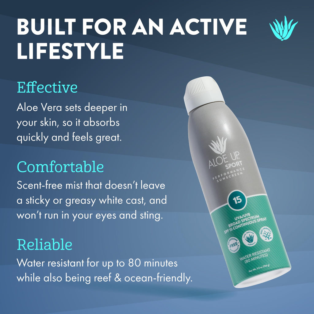 Aloe Up Sport Continuous Spray Sunscreen SPF 15 - Broad Spectrum UVA/UVB Sunscreen Protector for Face and Body - With Aloe Vera Gel - Fast Absorbing Sheer Formula - Reef Safe - Fragrance-Free - 6 Oz