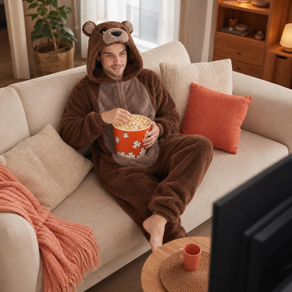 COSUSKET Snug Fit Unisex Adult Onesie Pajamas, Sherpa Bear Animal One Piece Halloween Costume Sleepwear Homewear