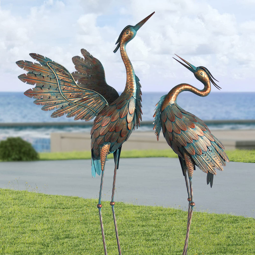 Oritty Crane Statues for Garden Decor, Metal Crane Yard Art Statues, 2PCS