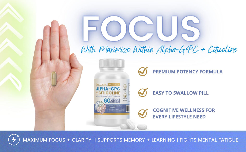 Maximize Within Alpha GPC + Citicoline 60 Ct, 1600mg Concentrated Formula- 99%+Highly Purified & Bioavailable Nootropic-Cognitive Enhancer, Supports Memory, Brain Function, Boosts Focus, Mood & Energy