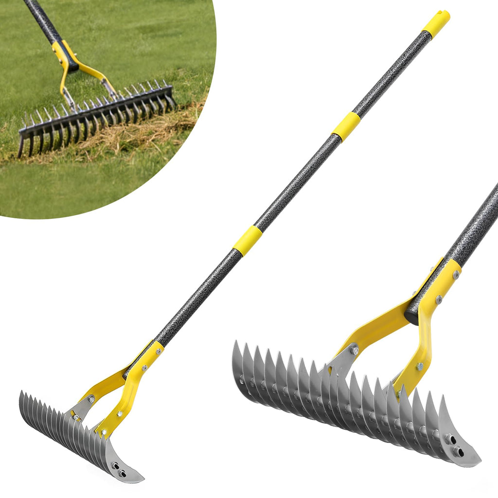 Thatch Rake, 15-Inch Wide Manual Dethatcher Rake for Cleaning Dead Grass, Loosening Soil, 55" Efficient Steel Metal Dethatching Rake with Long Adjustable Handle, Thatch Rakes for Lawns, Yard, Garden