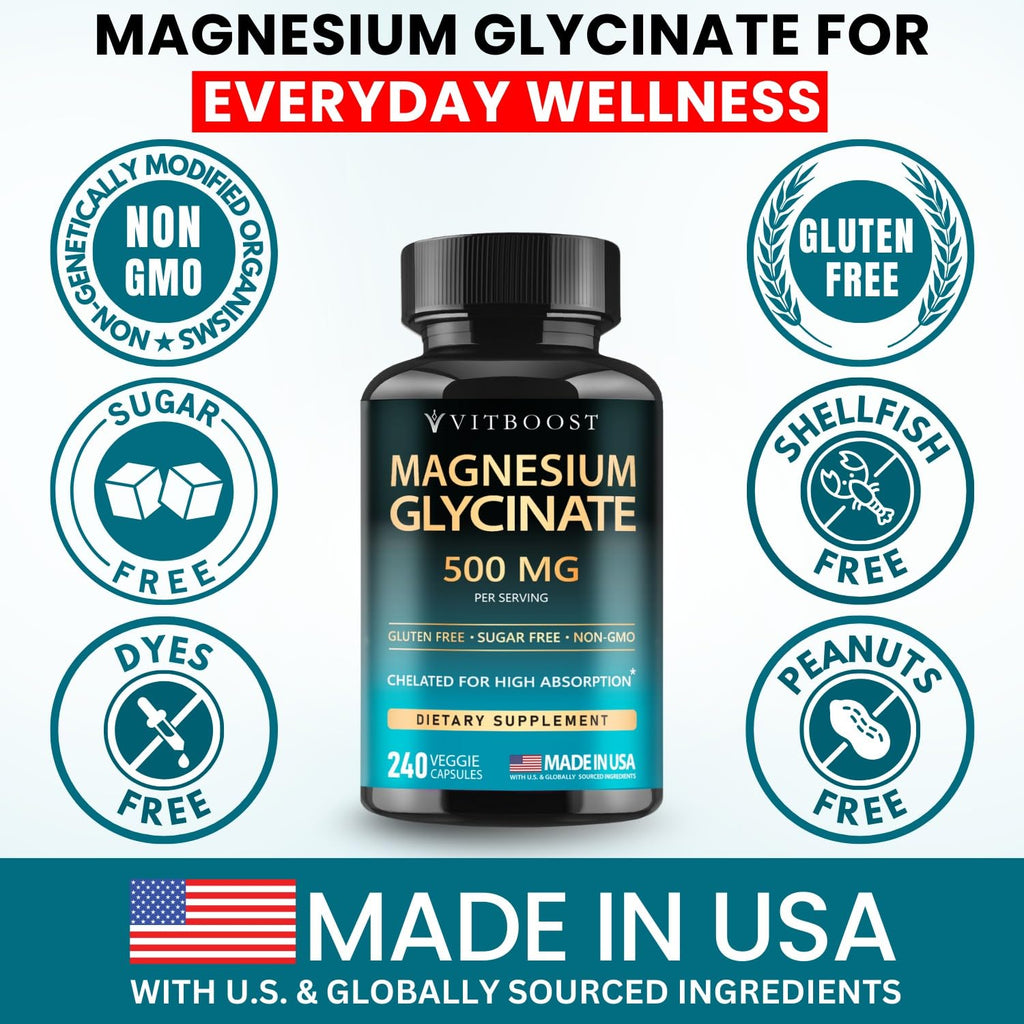 Magnesium Glycinate 500mg Chelate Capsules – 240 Count – 90mg Elemental Magnesium Per Serving – High Absorption Supplement – Non-GMO, Gluten Free – Made in USA