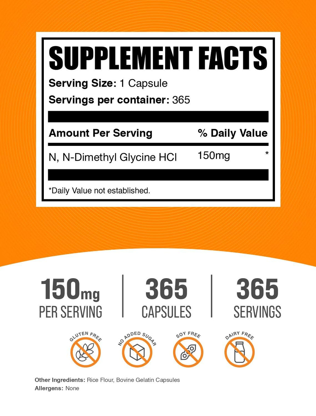 BulkSupplements.com DMG HCl Capsules - N,N-Dimethylglycine HCl, Glycine Supplements - Gluten Free, 1 Capsule per Serving (150mg), 365 Count (Pack of 1)