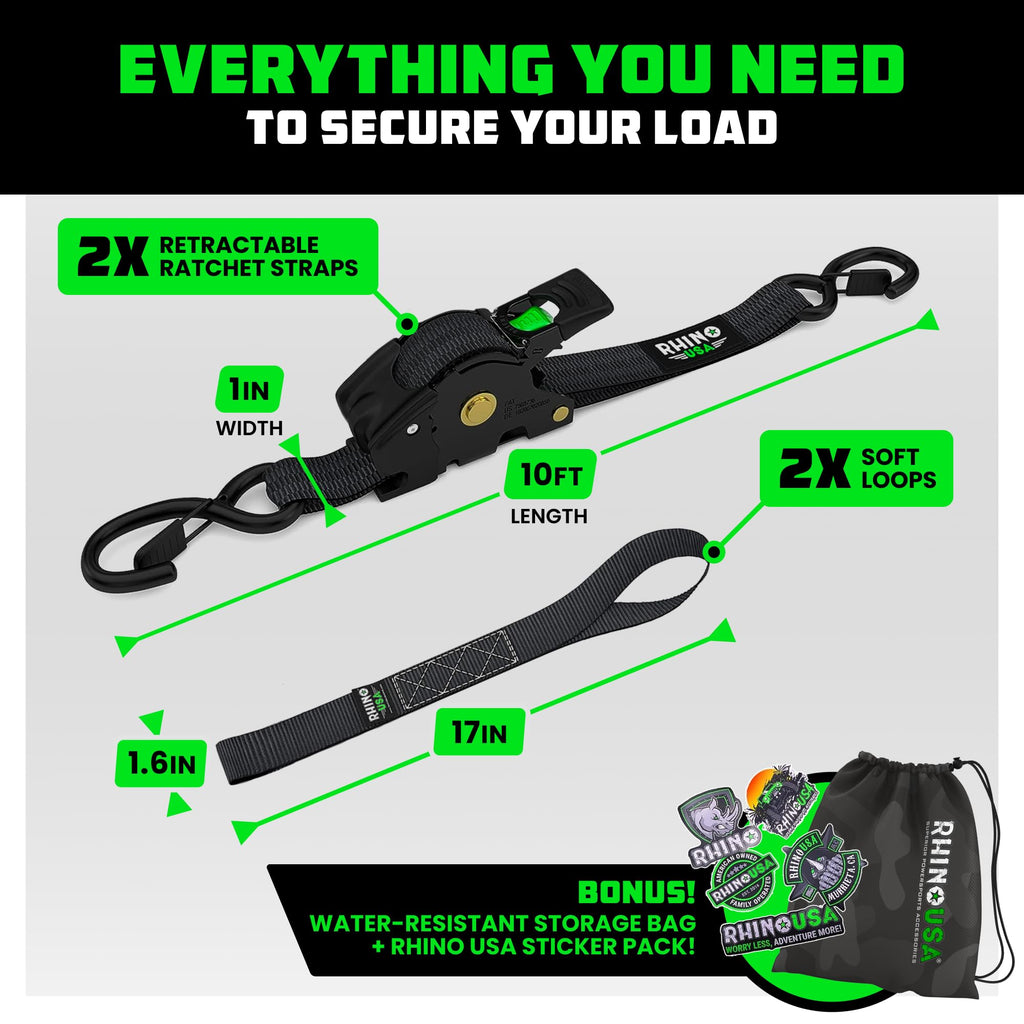 Rhino USA Retractable Ratchet Straps (2-Pack) - 1 Inch x 10 Feet (1,209lb Break Strength) - Auto Self Retracting Tie Down Straps for Truck, Cargo Trailer, Motorcycle, ATV, UTV - Black