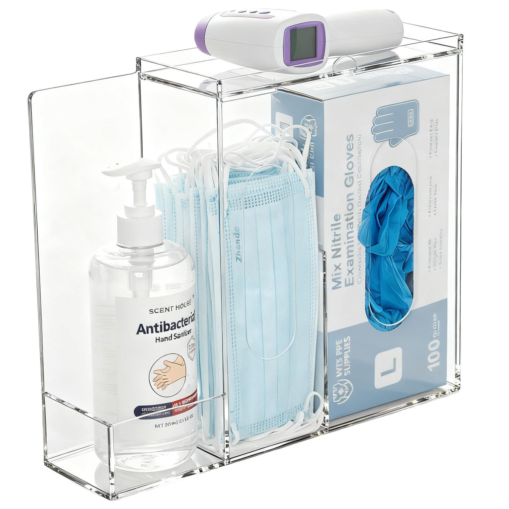 SEANADO Face Mask Dispenser 3 Compartment Acrylic Glove Box Holder Hygiene Station for Disposable Face Masks, Emesis Bag, Shoe Cover and Hairnet, Wall Mount Holes or Tabletop Holder （Clear）