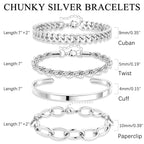 Gokeey Chunky S925 Sterling Silver Bracelets for Women Non Tarnish,Dainty Hypoallergenic Sliver Bracelet Stack Layered Cuban Paperclip Twist Link Chain Bracelets for Jewelry Gifts Waterproof