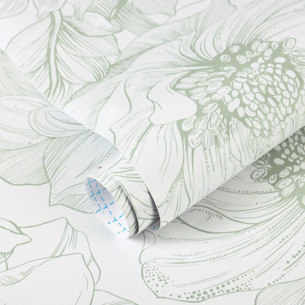 Ismoon Large Floral Peel and Stick Wallpaper Boho White and Green Contact Paper 17.3inx32.7ft Modern Wall Paper Removable Self Adhesive Vinyl Wallpaper for Bedroom Cabinet Bathroom Mural Wall Decor