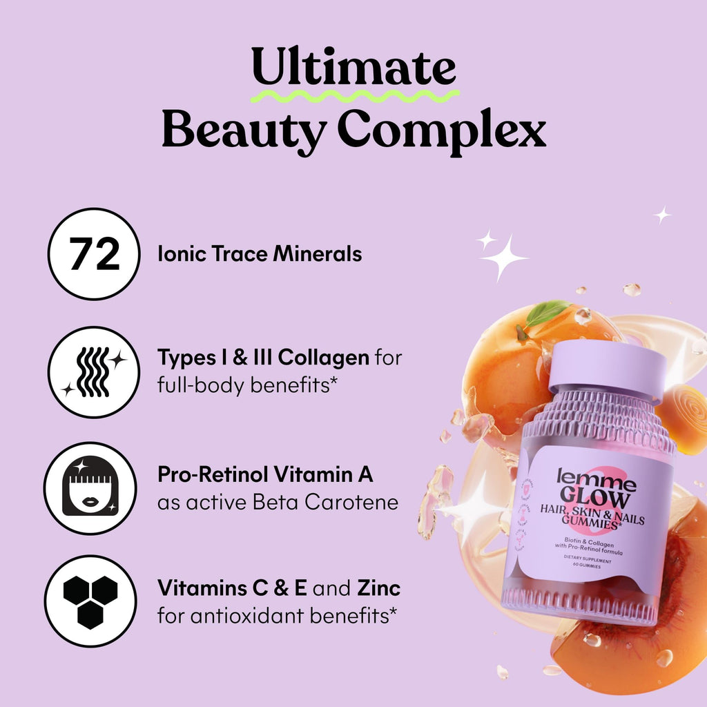 Lemme Glow Collagen Gummies for Thick Hair, Strong Nails & Healthy Skin with Multi-Collagen Peptides, Biotin, Trace Minerals, Zinc, Vitamins A, C & E, Dairy & Gluten Free, Peach Flavor, 60 ct.