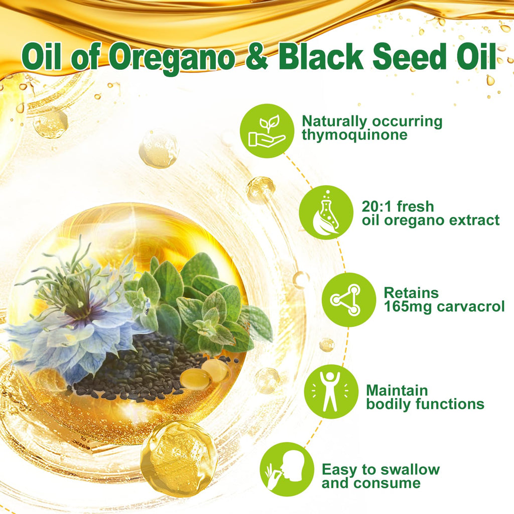 Nature's live Oil of Oregano with Black Seed Oil, 2 in 1 Oregano Supplement for Immune Health, Retains High Concentrated Carvacrol & Thymoquinone, Non-GMO, 60 Softgels, 2 Pack