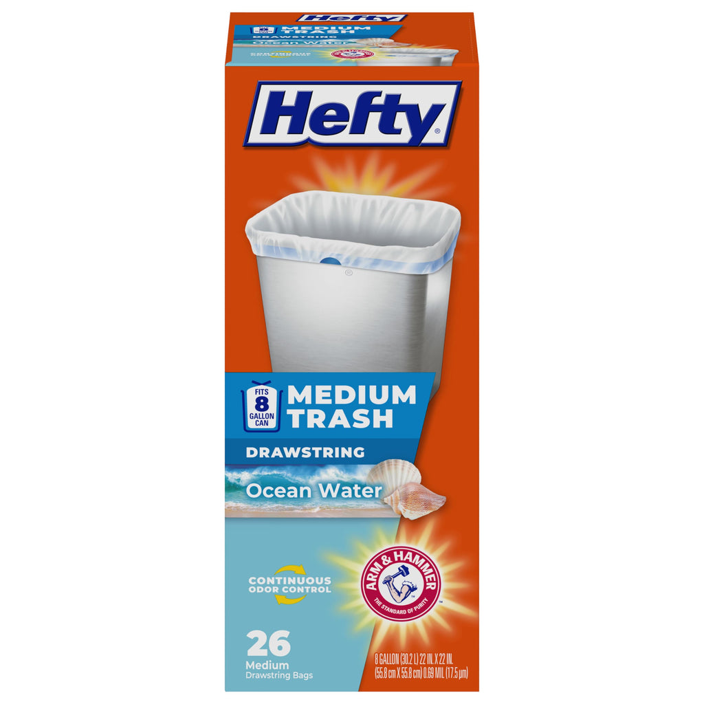 Hefty Medium Trash Bags, 8 Gallon, Ocean Water Scented Garbage Bags with Drawstring Closure, White, 26 Count