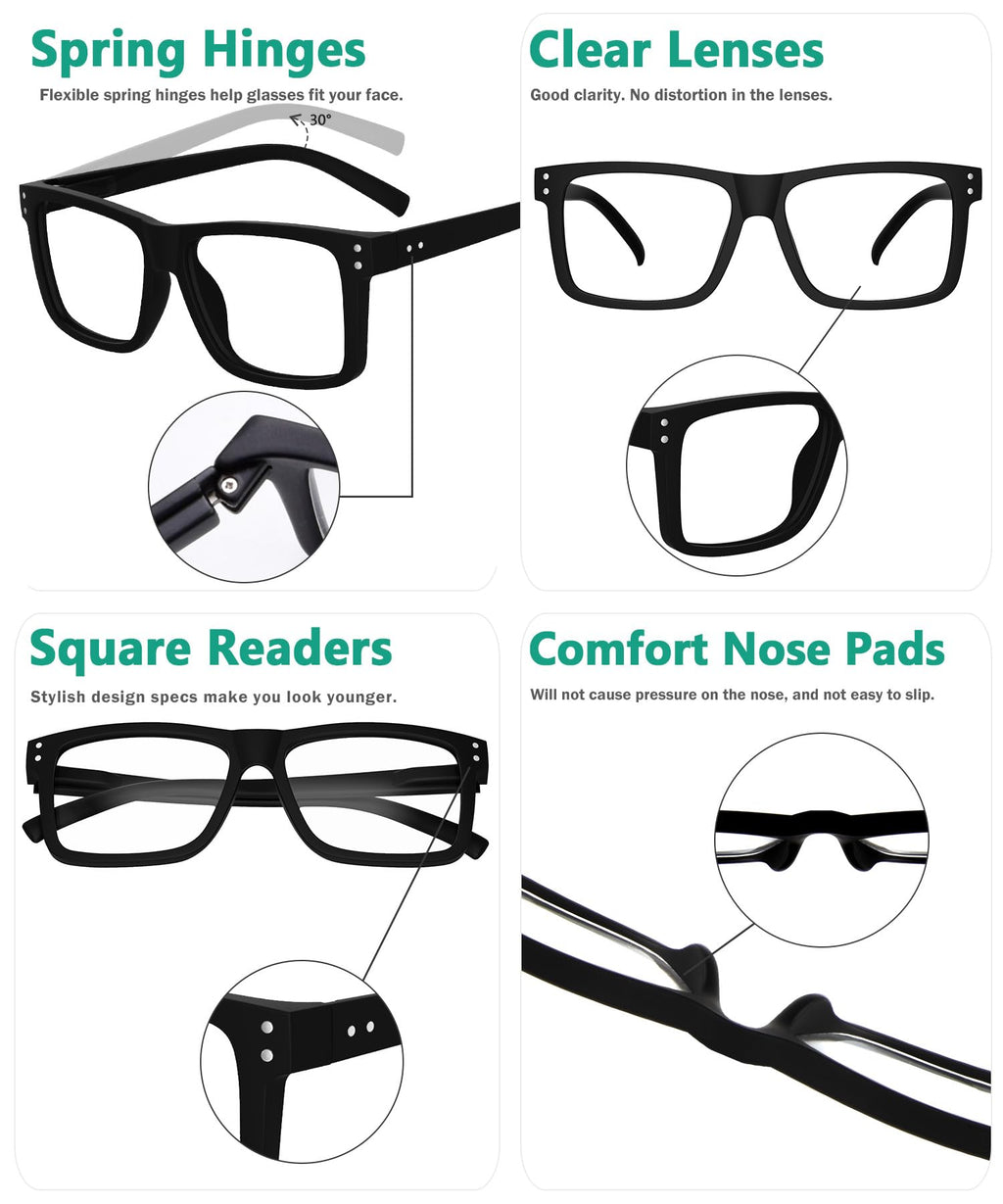 Eyekepper Oversized Reading Glasses Square Large Frame Readers for Men and Women - Black +0.50