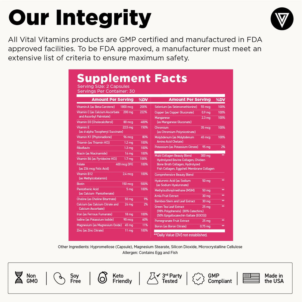 Vital Vitamins Women's Multivitamin Complex - Made with Multi-Collagen Blend, Hyaluronic Acid, & MSM - Beauty Multivitamins - with Vitamin A, C, E, B6, B12, D3-60 Capsules