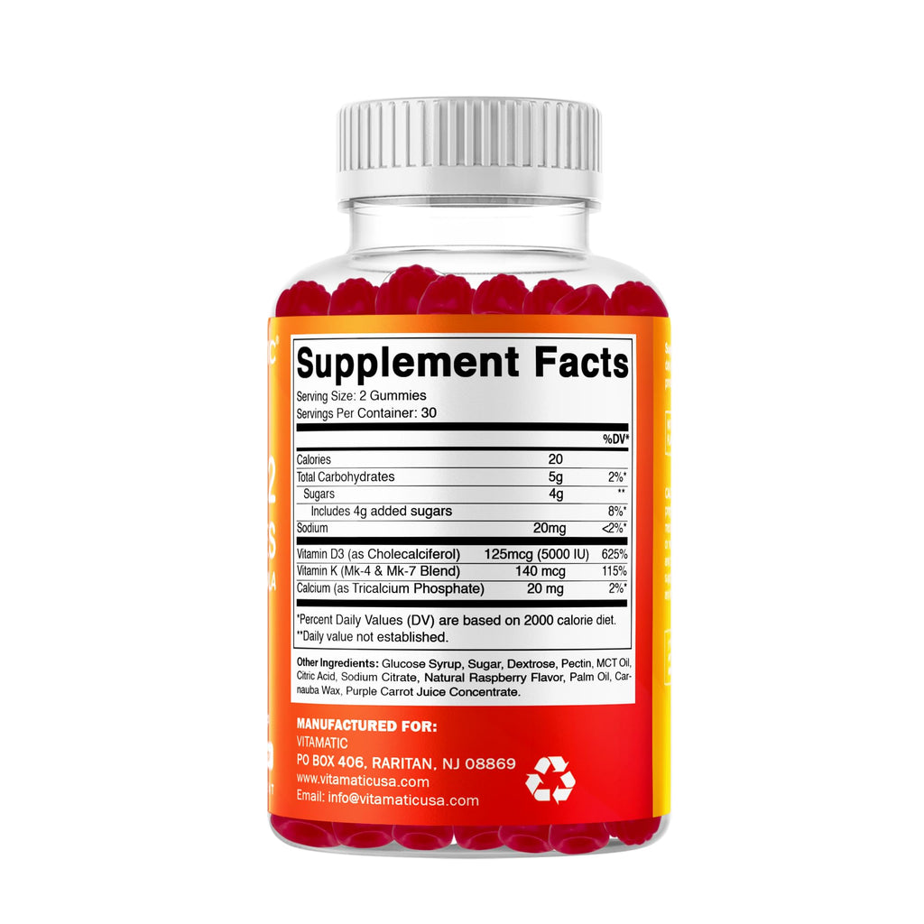 Vitamatic Vitamin D3 & K2 Gummies (2-Pack, 60 Count) Supports Healthy Bones, Heart Health, Calcium Absorption, and Immune Function Plant-Based, Non-GMO, Gluten-Free