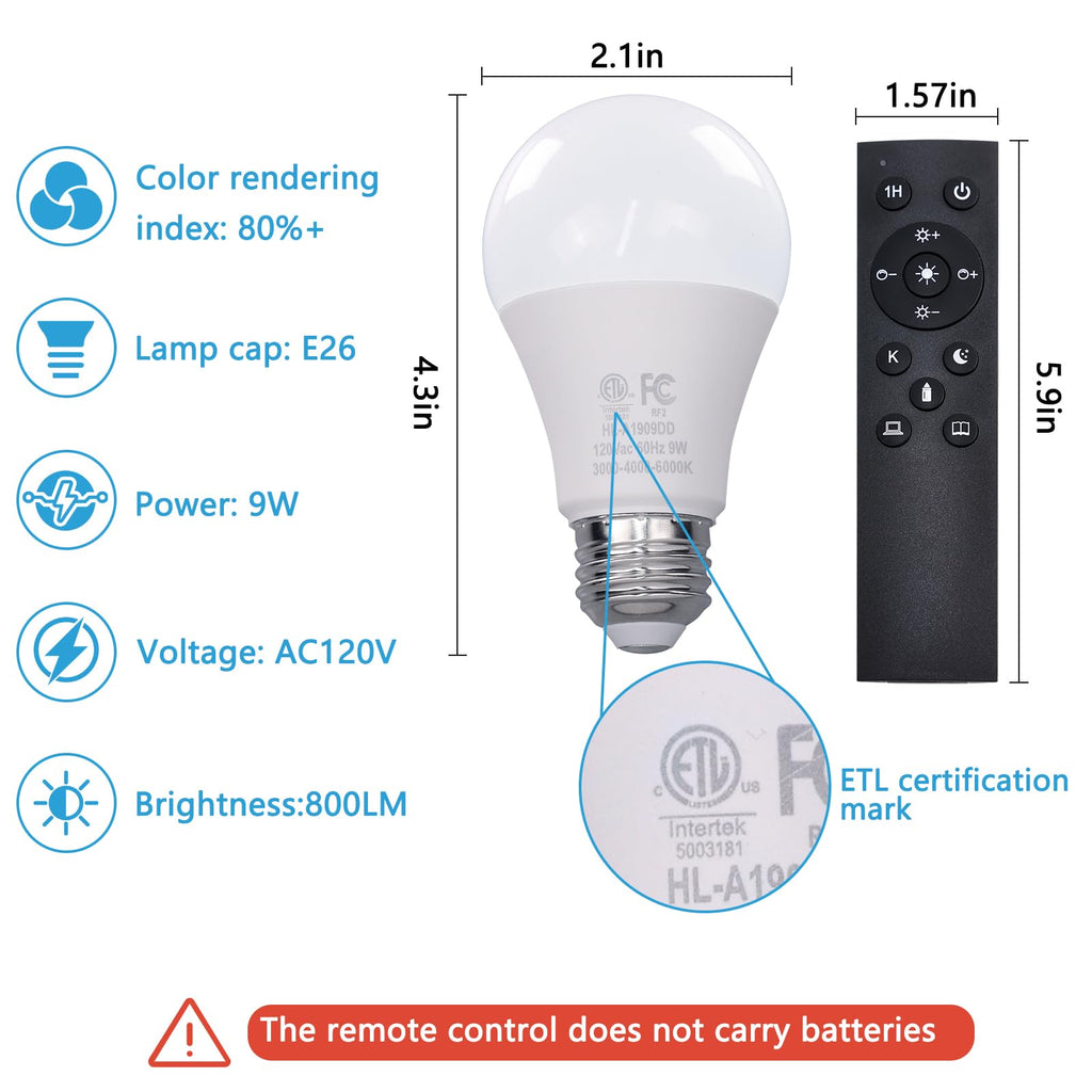 Gupuzm A19 LED Remote Control Bulbs, 800LM 9W, Equivalent to 60W Bulbs, Dimmable Bulb with Remote Control 3000K-6000K, E26 Base, CRI 80+,2.4GHz, Lifespan Over 25,000 Hours (9W-1 Remote-1 Bulb)