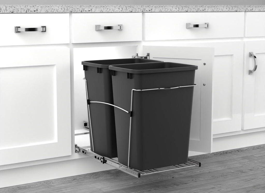 Rev-A-Shelf Double 35 Qt Pullout Trash Can for Base Kitchen Cabinets, Garbage Waste Bin System with Full-Extension Slides, Min Opening Width of 14.5", Black, RV-18KD-18C S