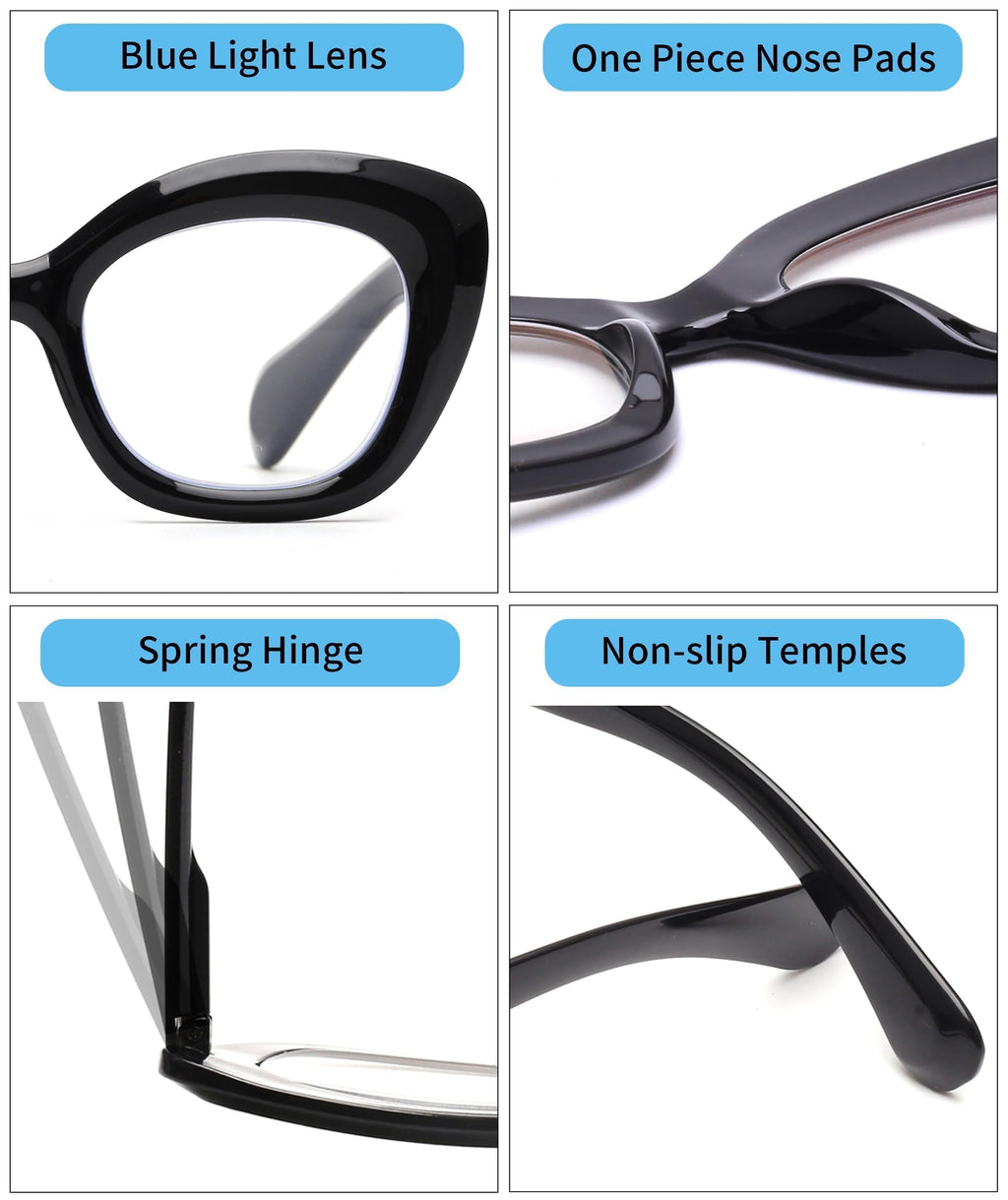 JM 3 Pack Oversized Cat Eye Reading Glasses for Women Funky Blue Light Flexible Cateye Readers +2.0