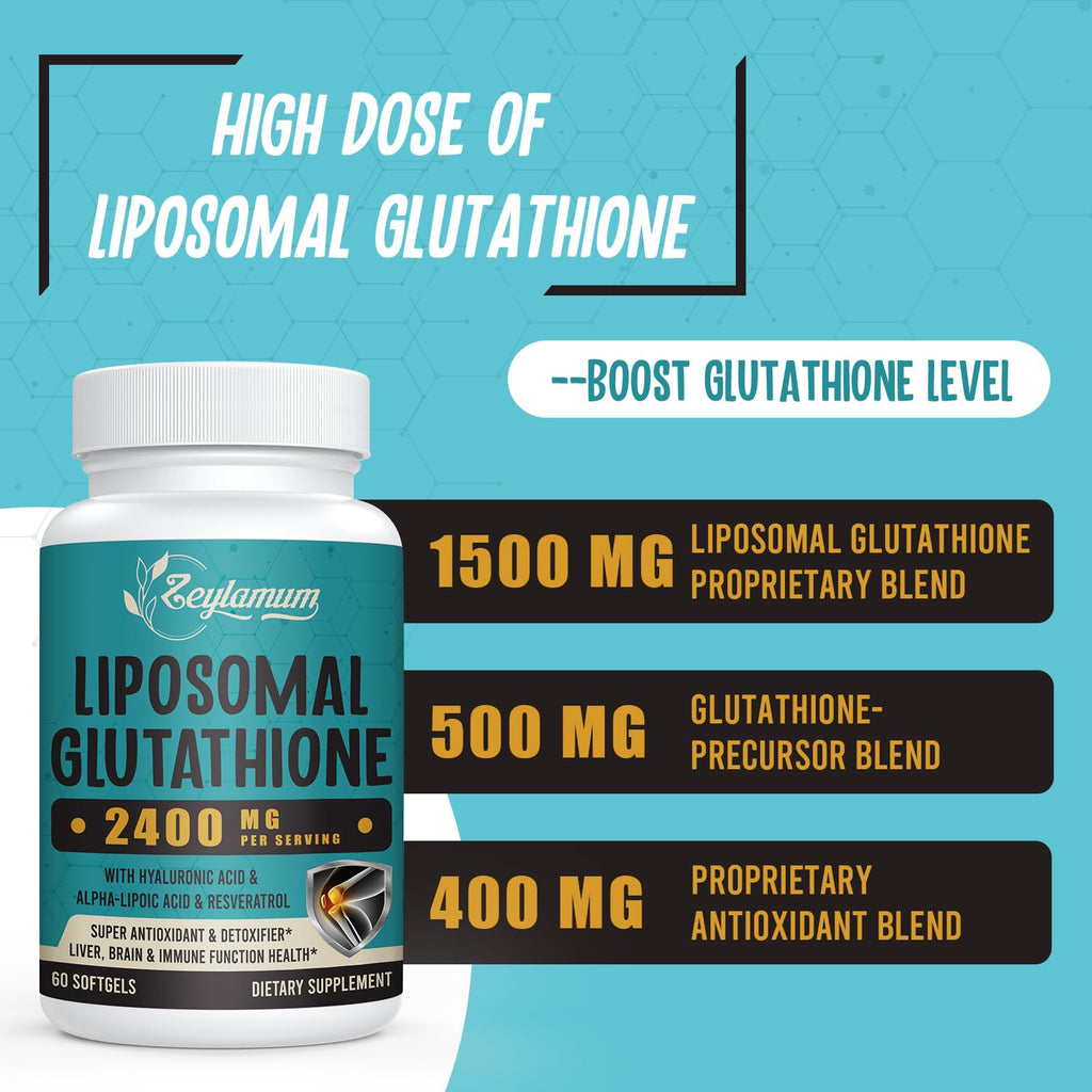 2400 MG Liposomal Glutathione Softgels, Max Absorption, Active Form L-Glutathione Reduced (GSH), with Hyaluronic Acid, Resveratrol, Master Antioxidants for Detox, Brain, Immune System, 180 Softgels