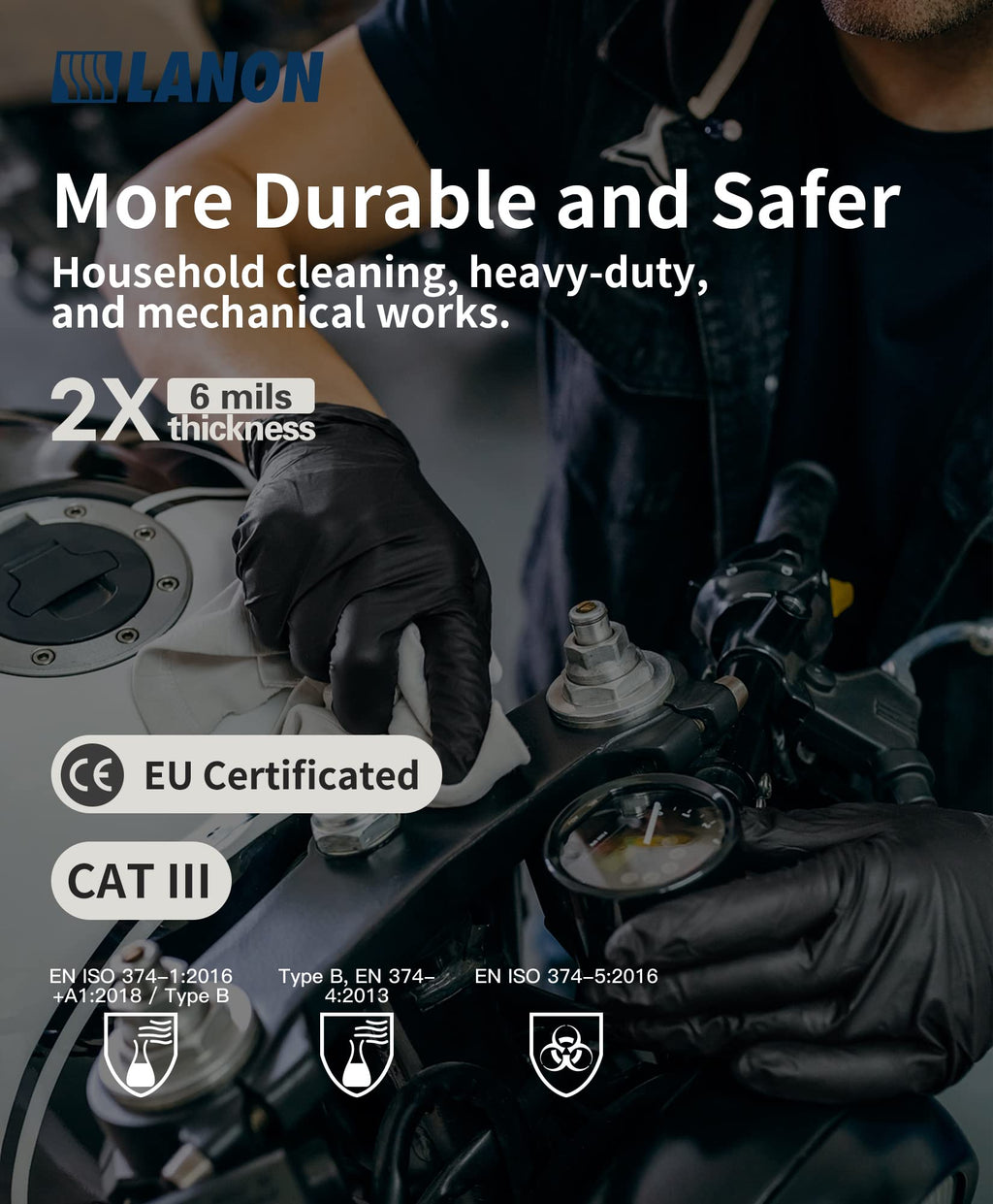 LANON 6-mil Black Nitrile Disposable Gloves, Food-Safe, Powder-Free, Heavy-Duty, Textured Fingertips, Latex-Free, Medium