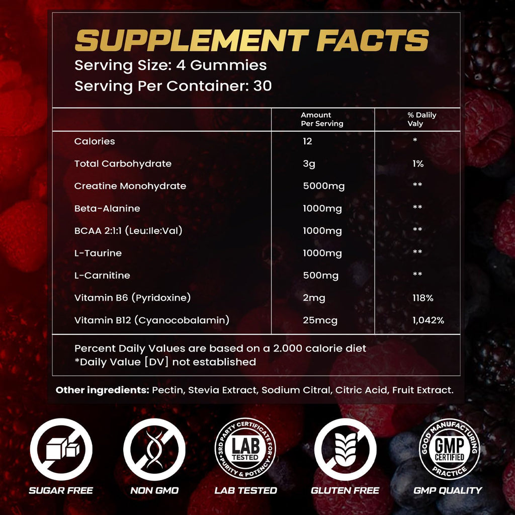 kukaly Creatine Monohydrate Gummies for Men & Women, 9000MG Creatine Gummies Sugar Free - Mixed Flavored with L-Taurine, BCAA 2:1, B12 B6 for Boost Strength, Focus & Endurance, Vegan, Non-GMO, 120pcs