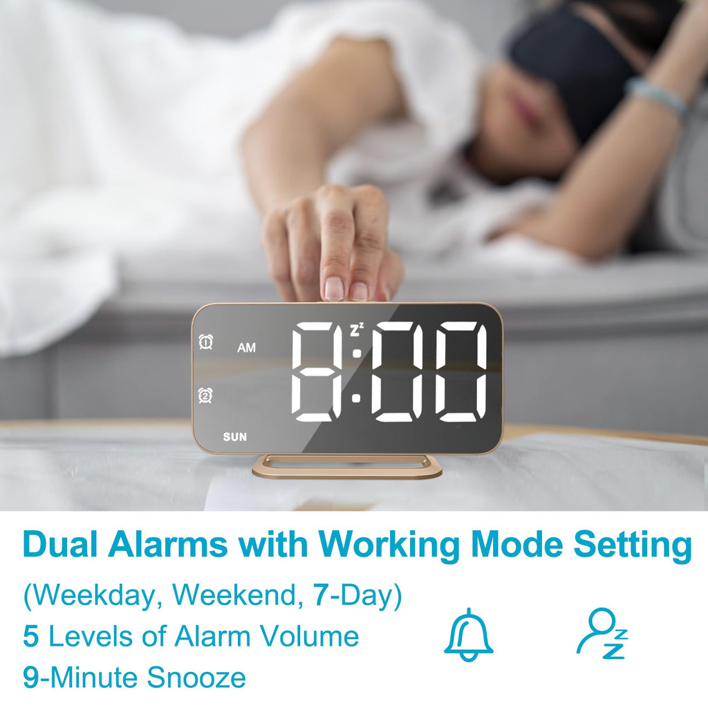 Slim LED Digital Alarm Clock, Mirror Surface for Makeup, with Diming, Large Display, Easy Setting, USB Charger Ports, Modern Bedroom, Desk, Office Living Room Decor, Christmas Birthday for Women Girl