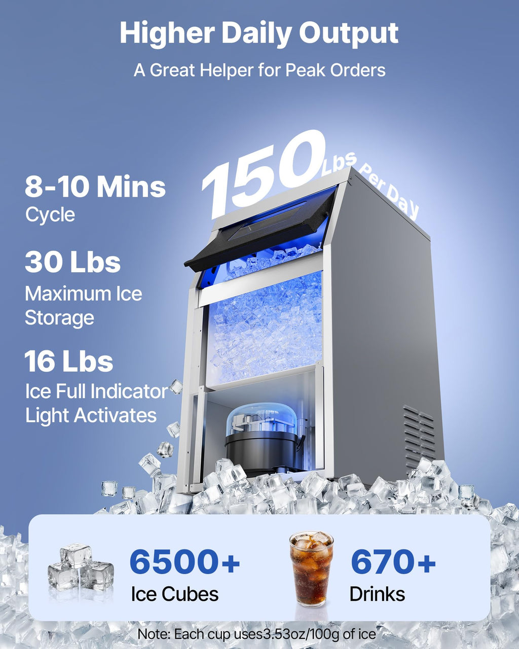 VEVOR Commercial Ice Maker Machine, 150 lbs/24h with 16-30 lbs Storage Capacity, Built-in/Freestanding/Under Counter, Stainless Steel Ice Maker with LED Display & Self-Cleaning, Home Bar Restaurant