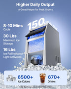 VEVOR Commercial Ice Maker Machine, 150 lbs/24h with 16-30 lbs Storage Capacity, Built-in/Freestanding/Under Counter, Stainless Steel Ice Maker with LED Display & Self-Cleaning, Home Bar Restaurant