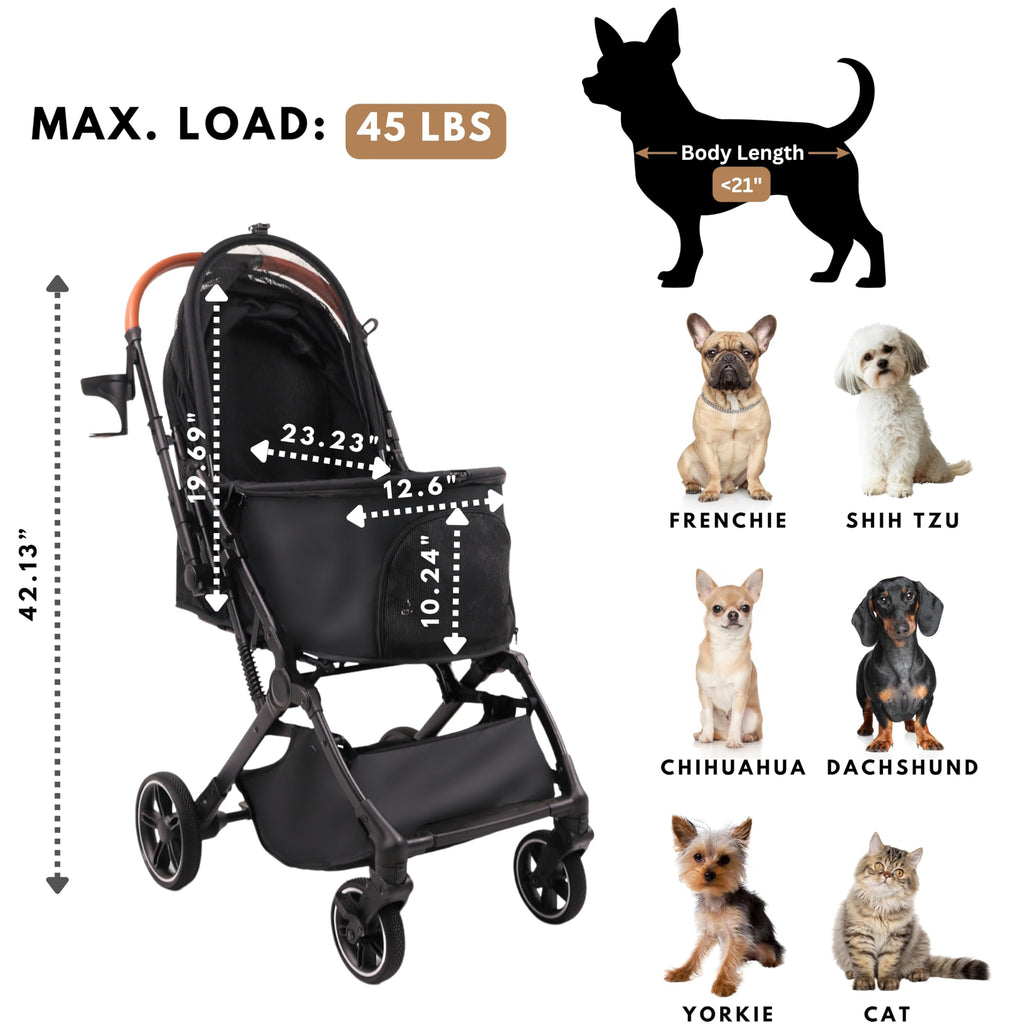 Bicystar Pet Stroller for Small Medium Dogs Cats Up to 45 lbs, Travel Lite Collapsible, All Terrain 4 Wheels for Jogging, Running, Black