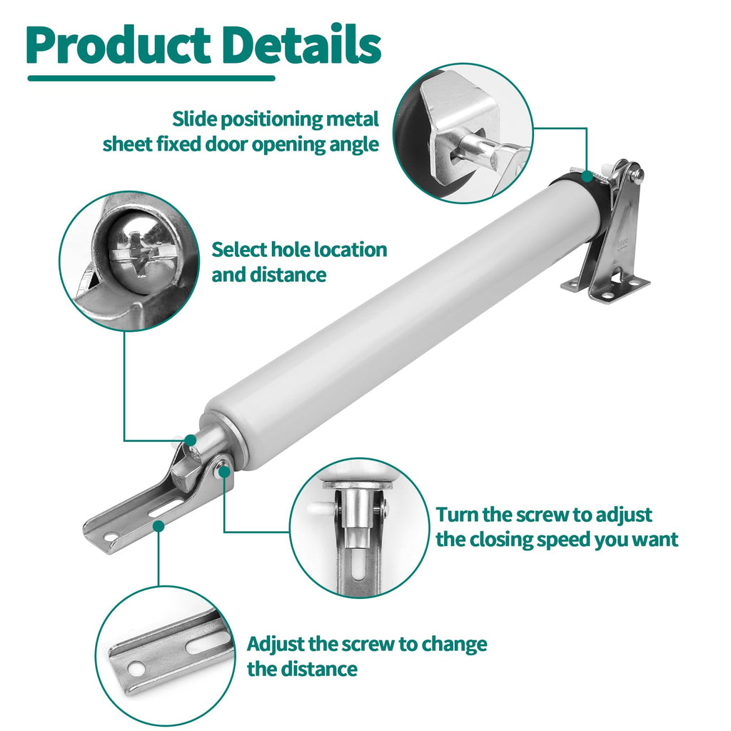 2PCS Screen and Storm Door Closer Kit, Heavy Duty Pneumatic Screen and Storm Door Closer, Screen and Storm Door Push Button Latch Set Replacement Kit, Adjust Smooth Closing Speed (Silver)