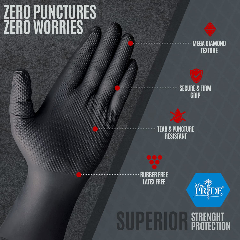 MED PRIDE 8 Mil Xl Disposable Black Nitrile Gloves Heavy Duty Diamond Textured Powder Free Latex Free Box of 100