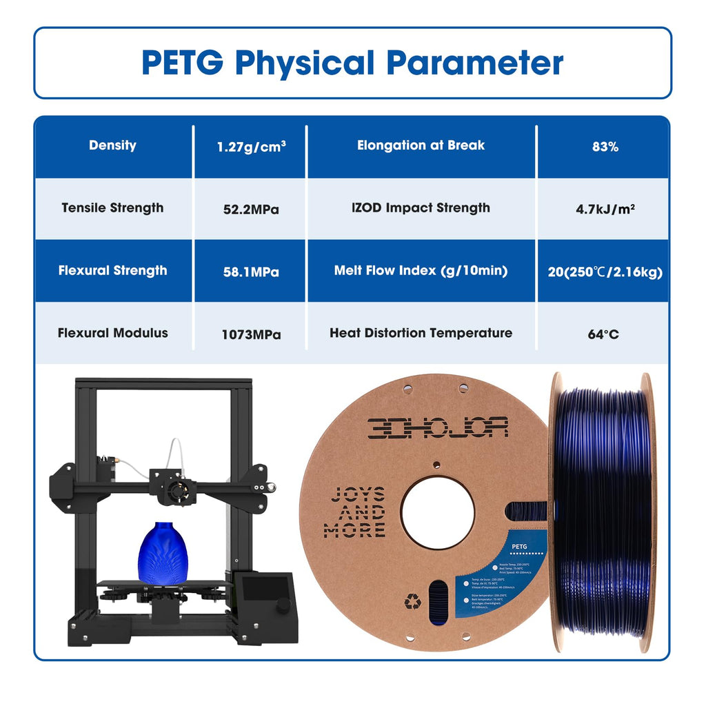 3DHoJor PETG Filament 1.75mm, PETG 3D Printing Filament, 2.2 LBS (1KG) Cardboard Spool, Fit Most FDM 3D Printer,Blue…