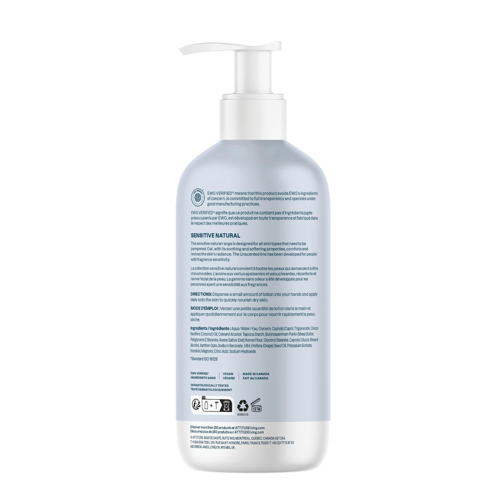 ATTITUDE Body Lotion for Sensitive Skin with Oat, EWG Verified, Dermatologically Tested, Vegan, Extra Gentle, Unscented, 16 Fl Oz