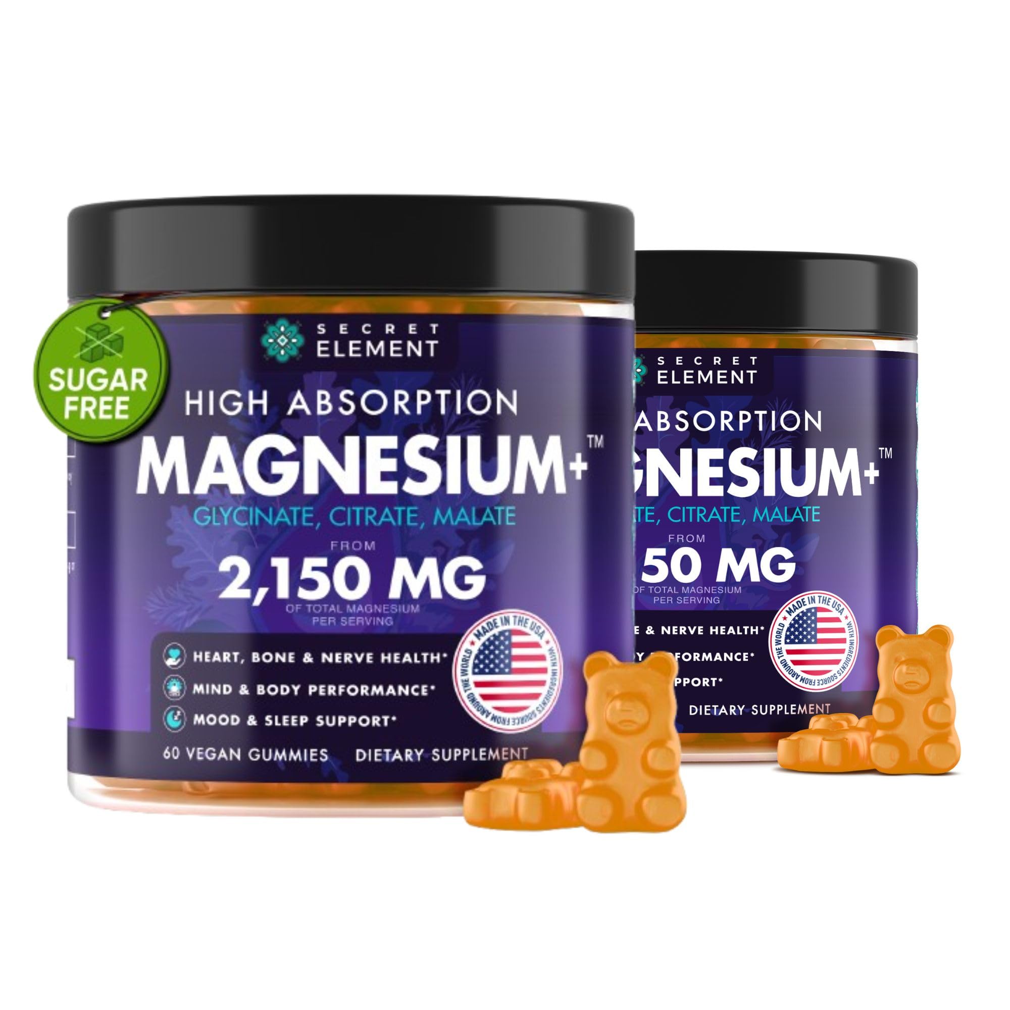 Magnesium Glycinate 2150MG Gummies for Women and Men, High Absorption Magnesium Glycinate, Citrate, Malate, Sugar Free, Vegan, 60 Chews, Pack of 2, Orange