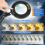 NUEYiO Ultra Long 3-Section Swing Arm 12X Magnifying Glass with Light and Stand, 4-way Large Strong Metal Clamp Lighted Magnifier Lamp, 5 Color Modes LED Magnifying Lamp for Workbench, Crafting, Hobby