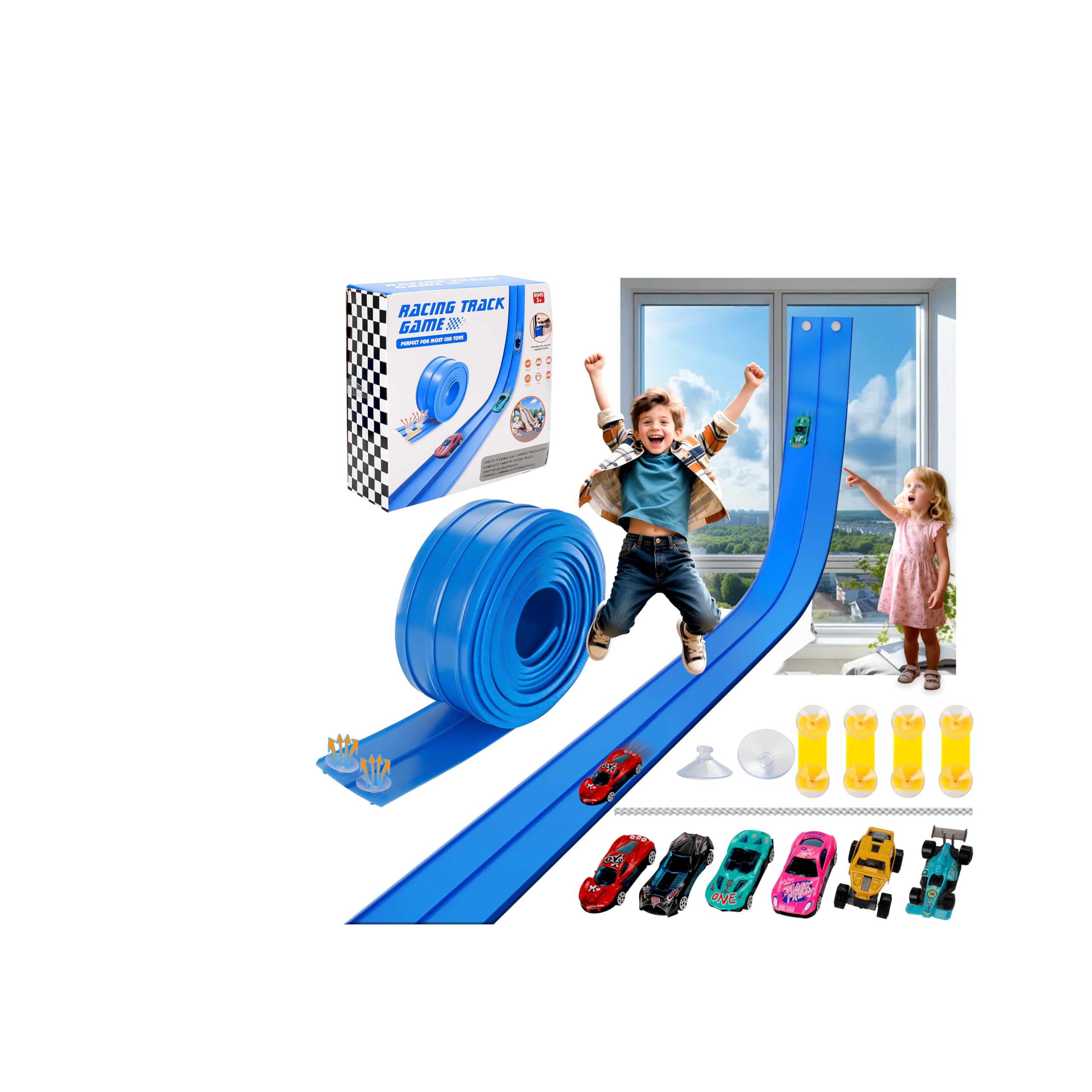 Flexible Race Track Toys for Kids: 15ft Flexible Car Track with Suction Cups - Portable Roll-Up DIY Racetrack Compatible with 1:64 Scale Diecast Cars for Boys & Girls Ages 3+