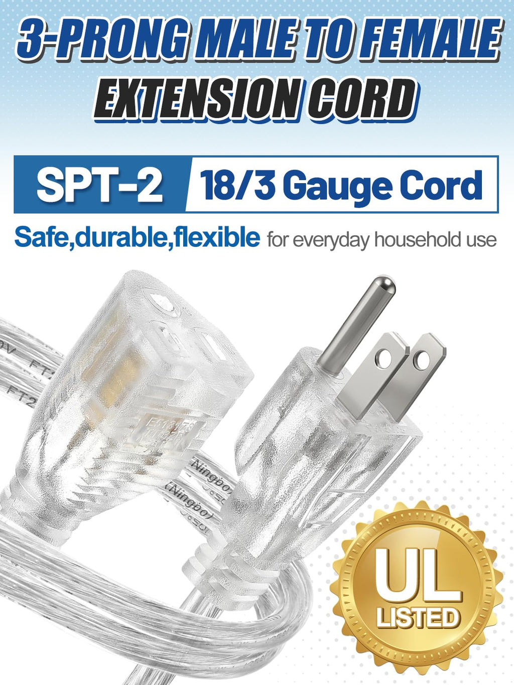 3 Prong Clear Extension Cord - 15 FT Male to Female Invisible Indoor Power Cable, UL-Certified, 3 x 18 AWG 250V 6A