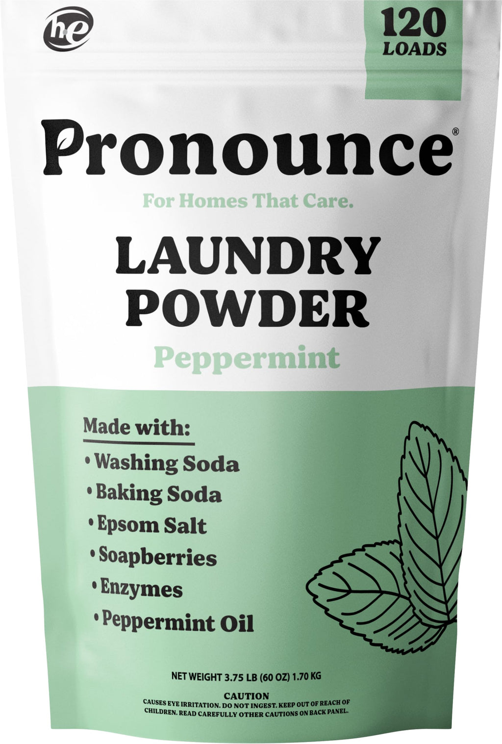 Pronounce Laundry Detergent Powder Alternative | Non-Toxic, Eco-Friendly, Natural for Sensitive Skin, Eczema, and Babies. Stain + Smell Fighting. HE Safe (Peppermint, 120 Loads)